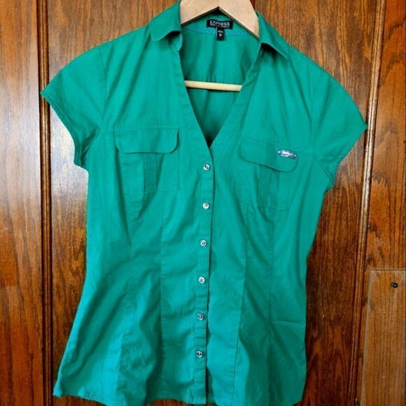 Express Essential Stretch Short Sleeve Button Down Fitted Shirt XSMALL - Picture 2 of 13